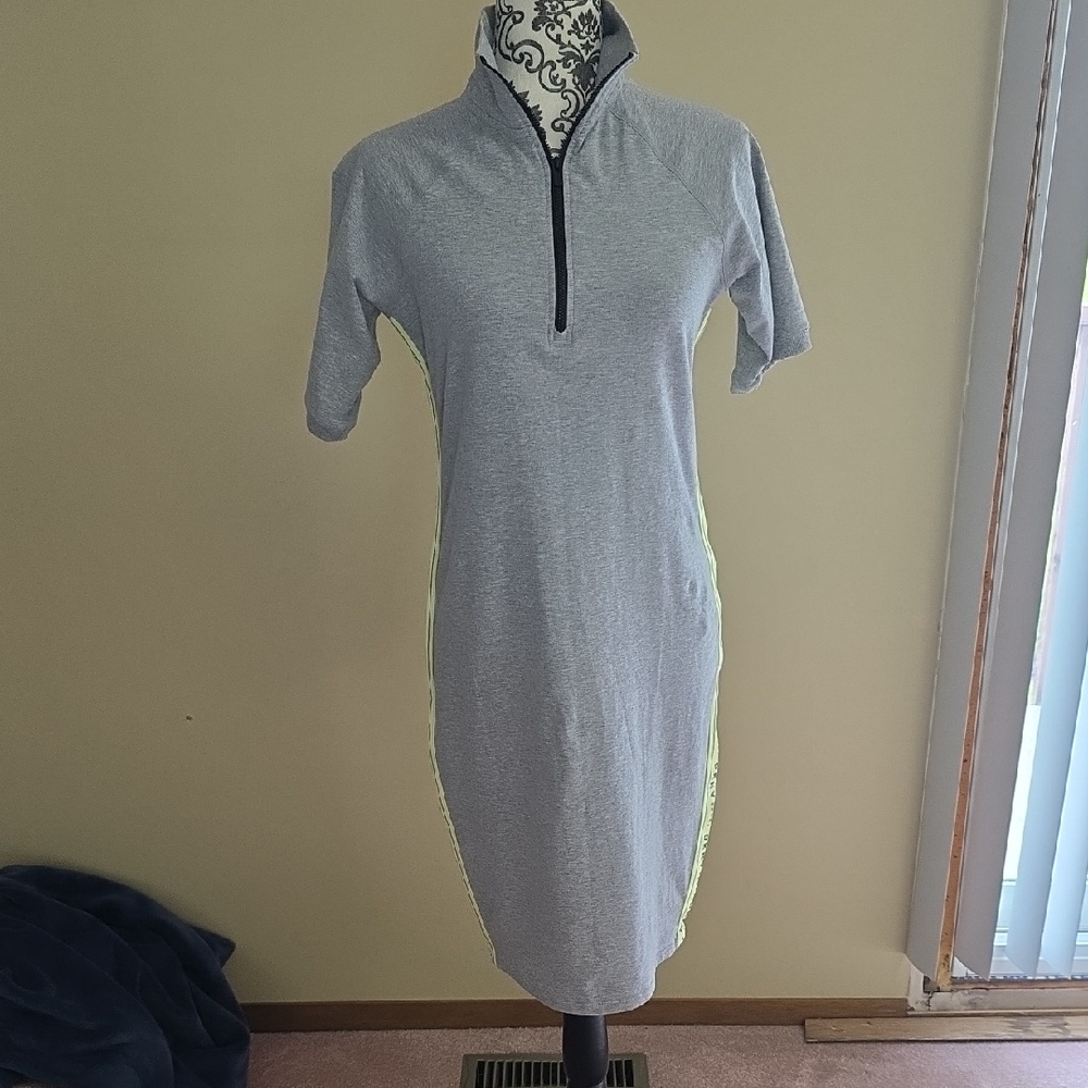 DKNY Heather Gray Midi Dress with Bright Yellow Trim